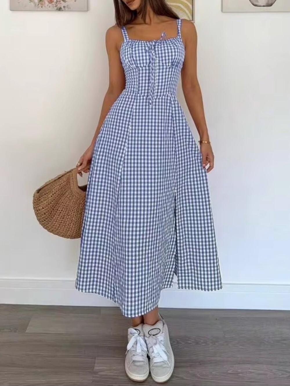 New Gingham Lace Up Back A Line Midi Dress Blue White Cotton - Picture 6 of 8
